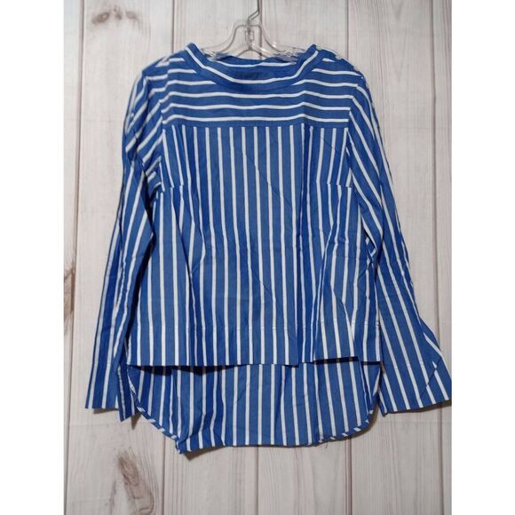 J Crew Shirt Ladies 6 Blue White Striped‎ Poplin Funnel Neck - Picture 1 of 7